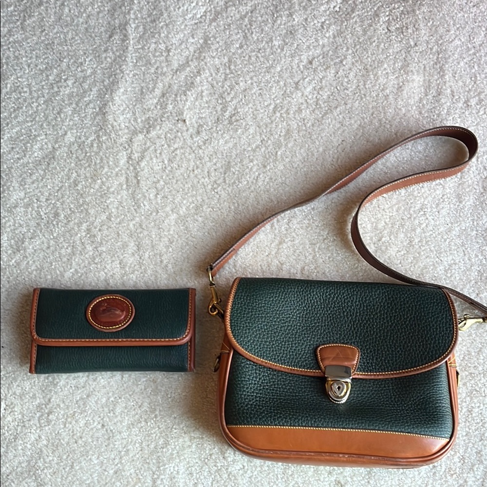 Green and Brown Leather Shoulder Bag and Wallet Set